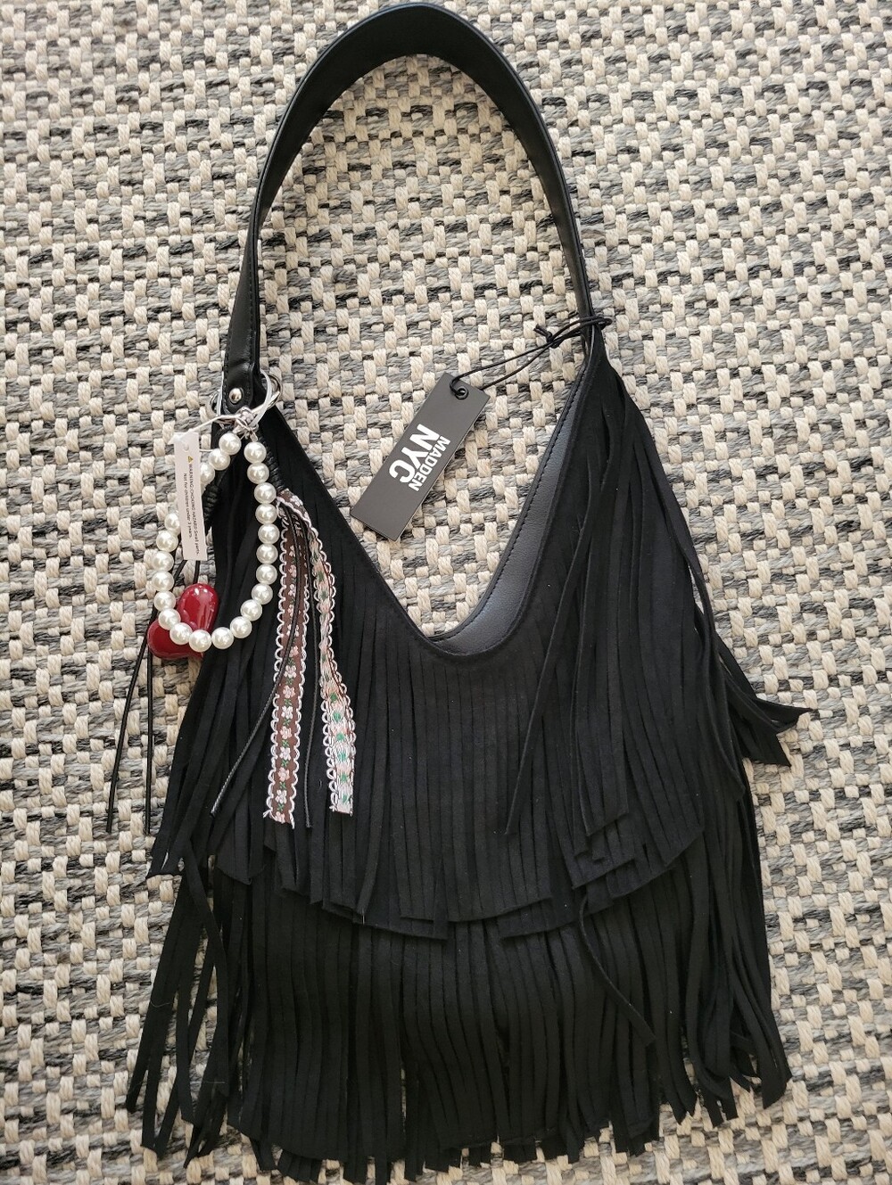 Madsen NYC Black Suede Fringe Shoulder Bag with Pearl & Red Charm